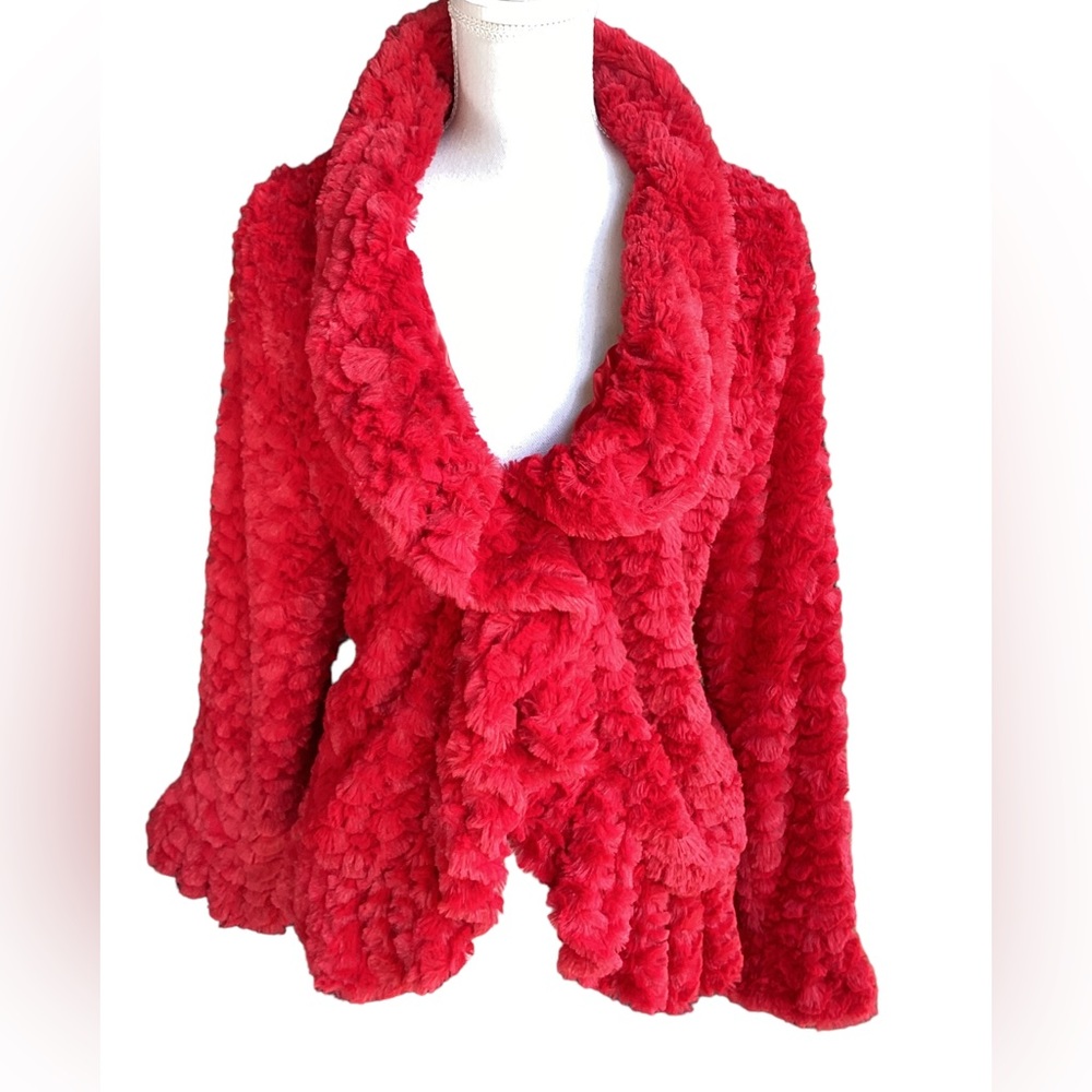 Dramatic Ruffle Front Red Furry Jacket. B21 - image 2